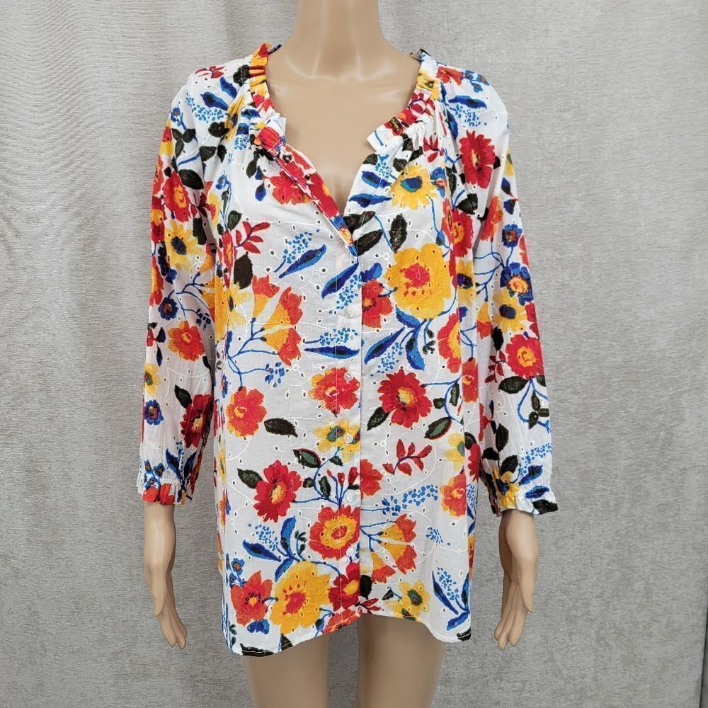 Intro Cotton Floral Print Eyelet Embroidered Women's Button Down Top NEW